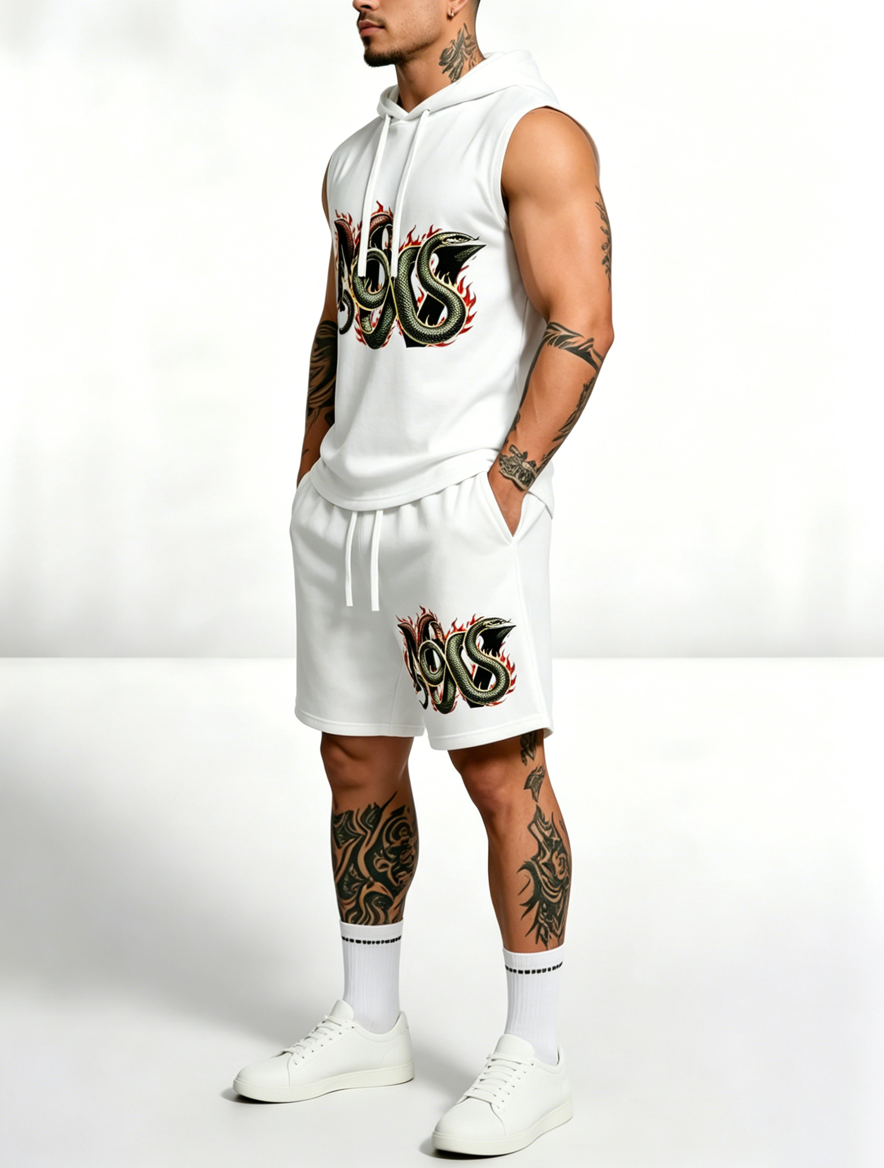 Sleeveless Hoodie & Shorts Set Luxury Brand Inspired Print Breathable Lightweight 2-Piece Outfit S-5XL