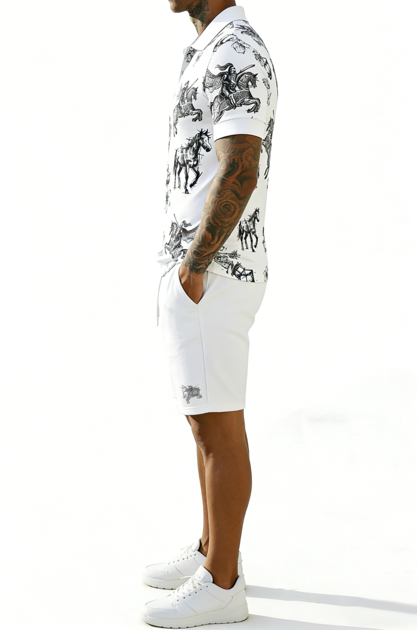 British Vintage Style Printed Polo Set – Cotton Short Sleeve Polo & Shorts Summer Outfit