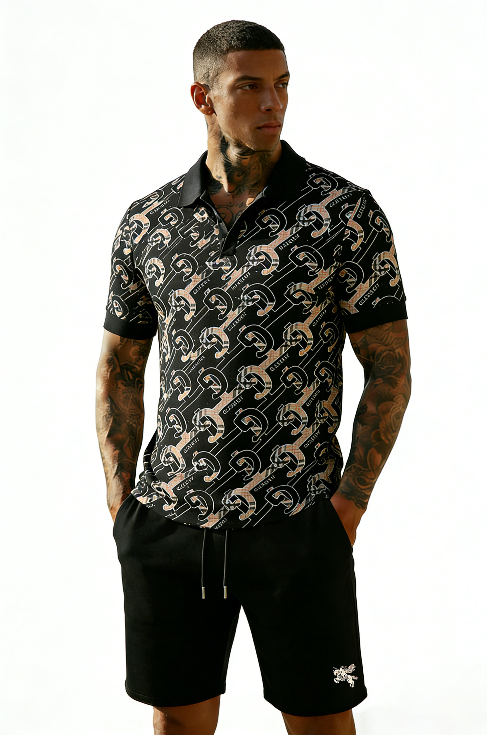 British Vintage Style Printed Polo Set – Cotton Short Sleeve Polo & Shorts Summer Outfit