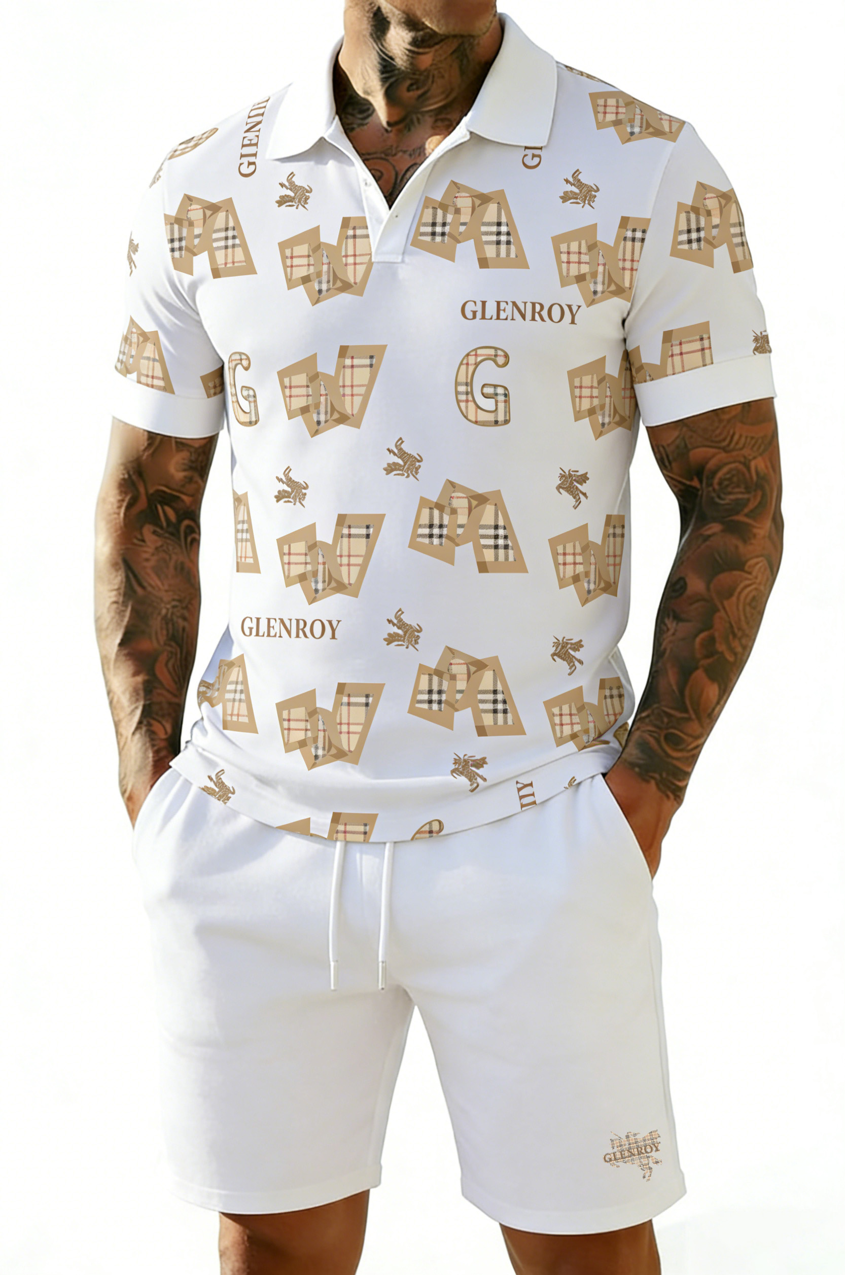 British Vintage Style Printed Polo Set – Cotton Short Sleeve Polo & Shorts Summer Outfit