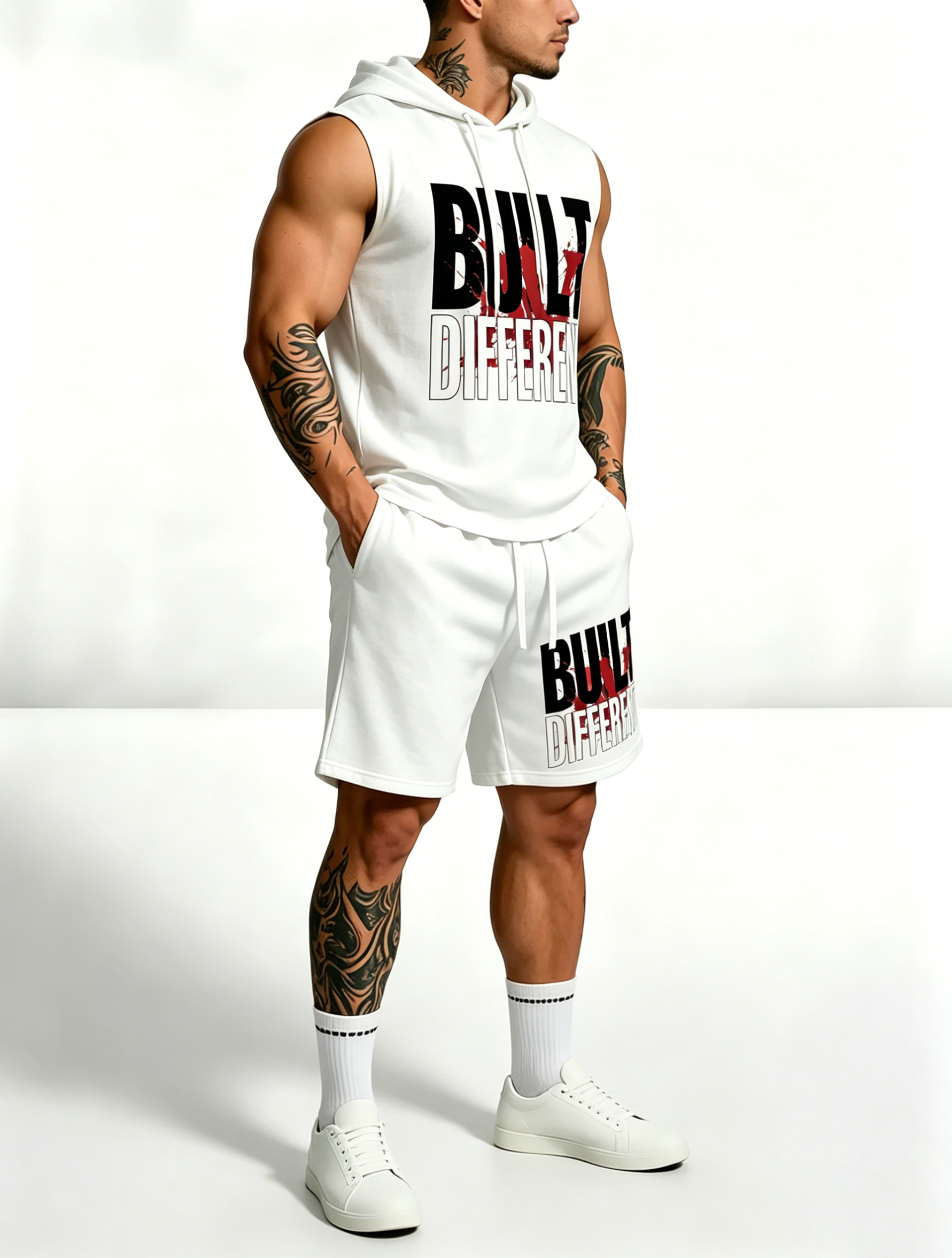 Sleeveless Hoodie & Shorts Set Luxury Brand Inspired Print Breathable Lightweight 2-Piece Outfit S-5XL