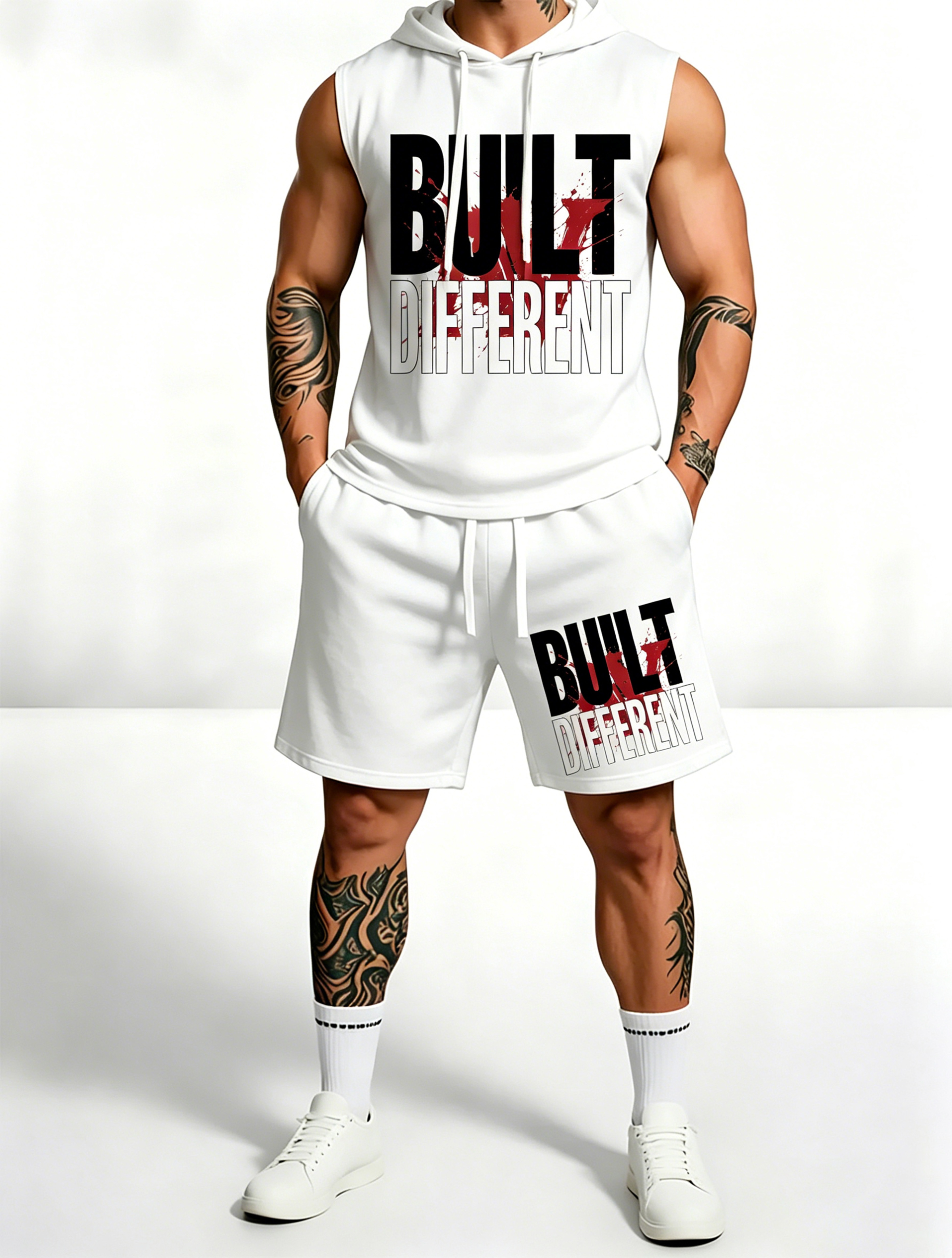 Sleeveless Hoodie & Shorts Set Luxury Brand Inspired Print Breathable Lightweight 2-Piece Outfit S-5XL