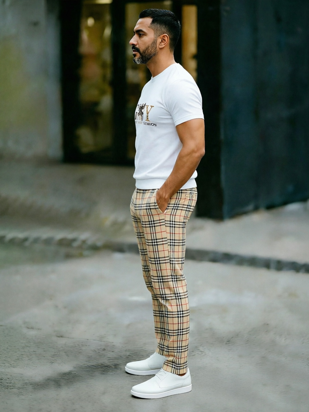 British Retro Print Cotton Set – Crew Neck T-Shirt & Long Pants Streetwear Outfit