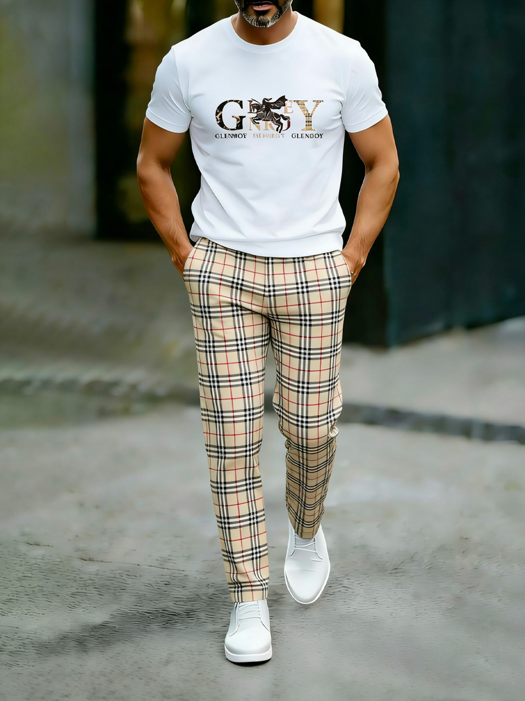 British Retro Print Cotton Set – Crew Neck T-Shirt & Long Pants Streetwear Outfit