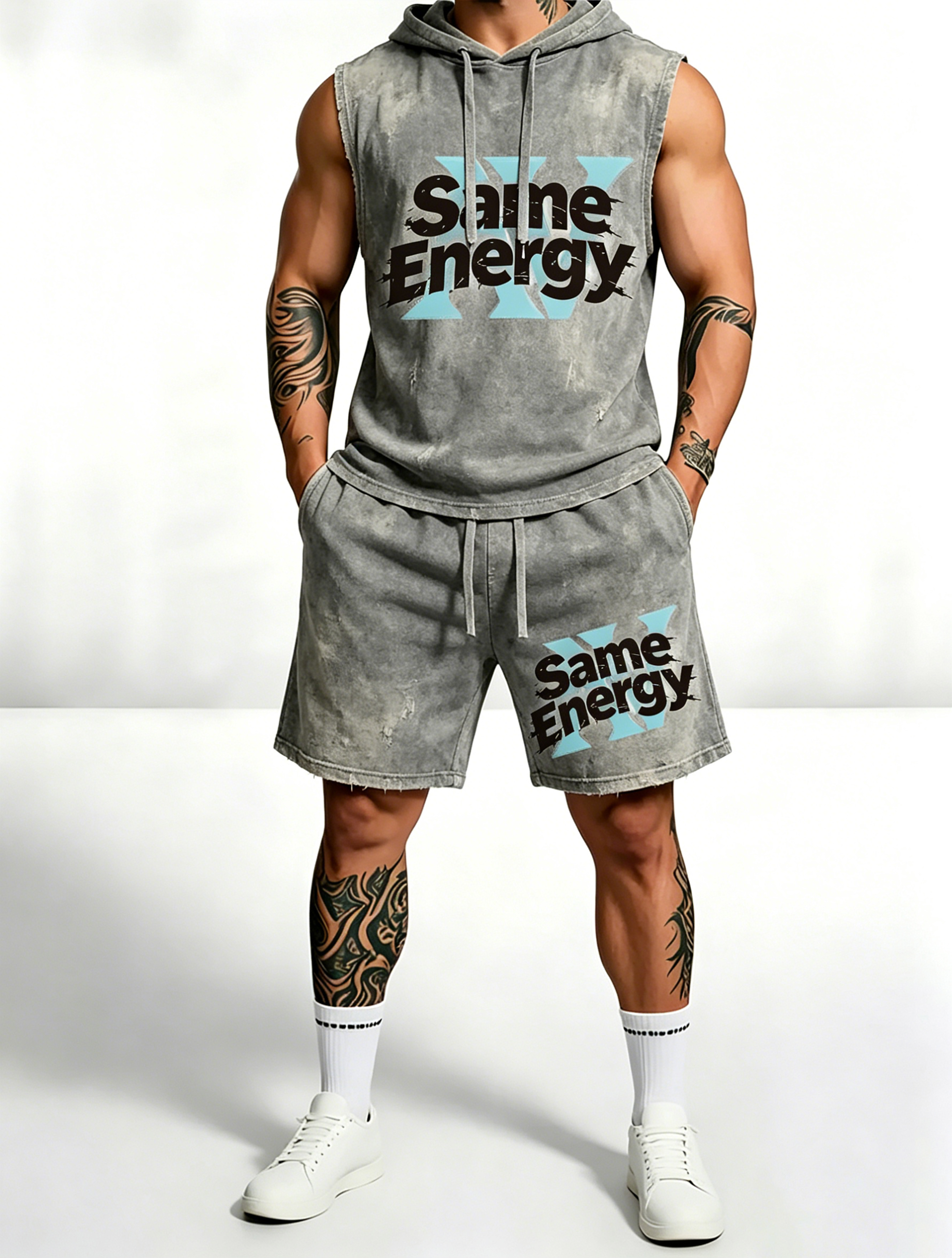 Sleeveless Hoodie & Shorts Set Luxury Brand Inspired Print Breathable Lightweight 2-Piece Outfit S-5XL