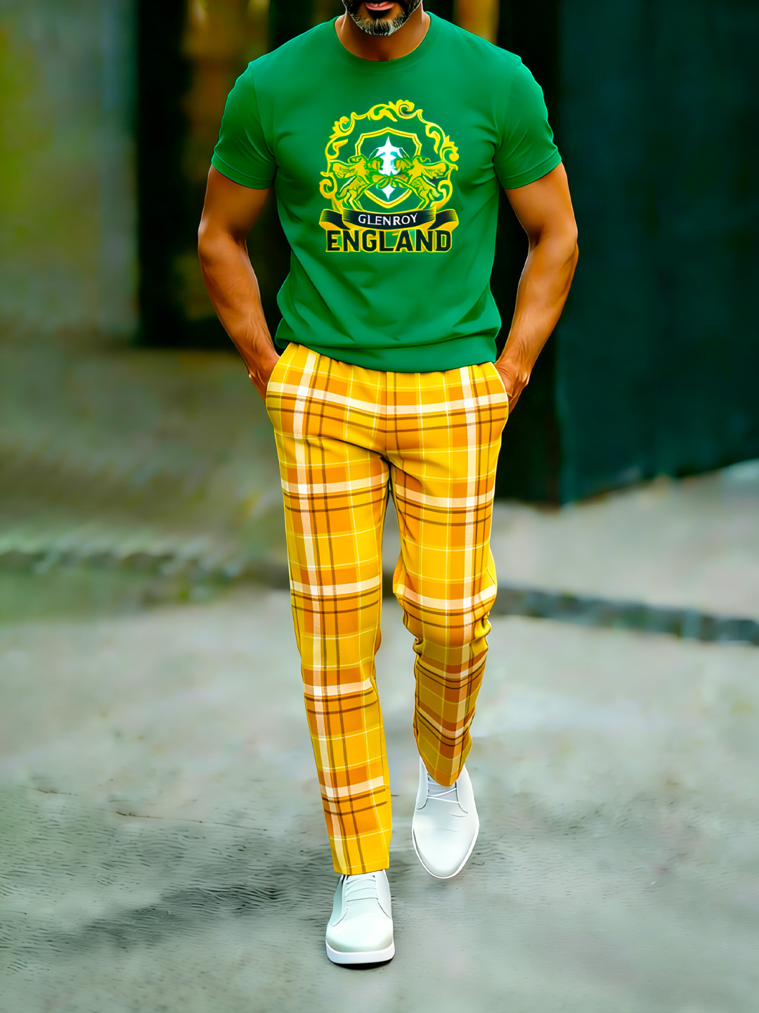 British Retro Print Cotton Set – Crew Neck T-Shirt & Long Pants Streetwear Outfit