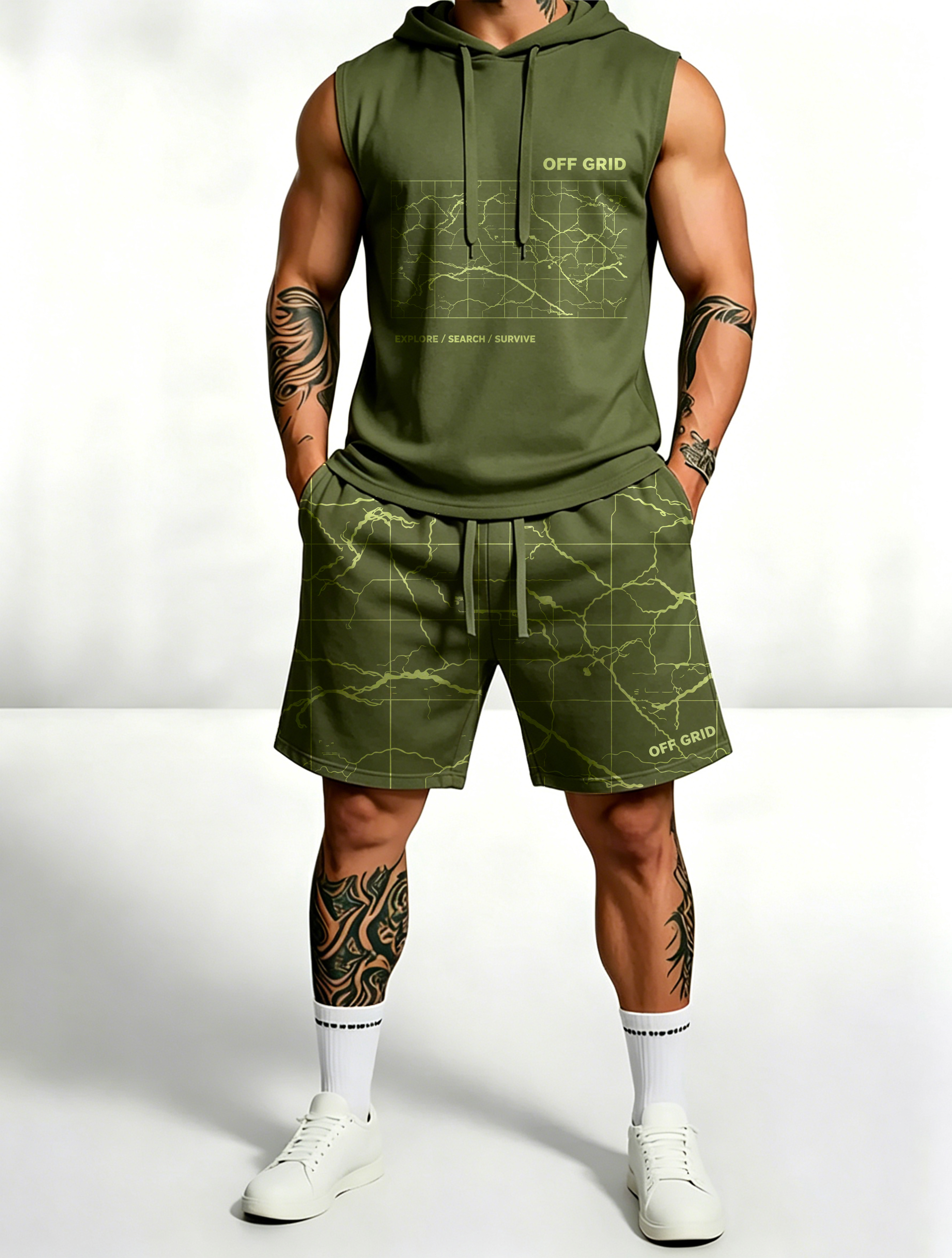 Sleeveless Hoodie & Shorts Set Luxury Brand Inspired Print Breathable Lightweight 2-Piece Outfit S-5XL