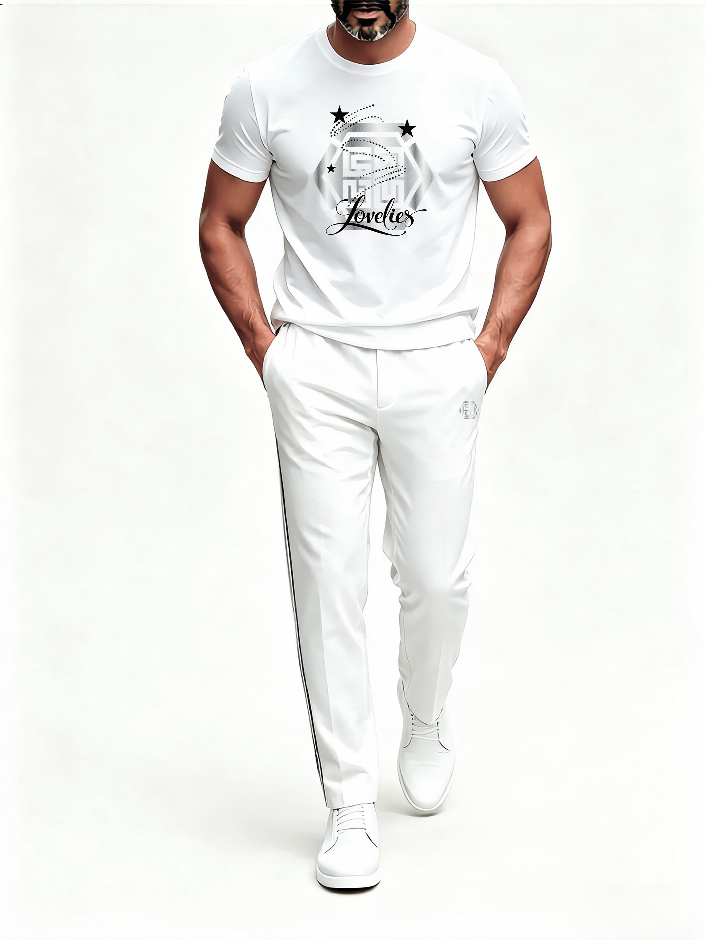 Short Sleeve T-Shirt & Pants Set Luxury Inspired Print Breathable Lightweight 2-Piece Outfit S-5XL
