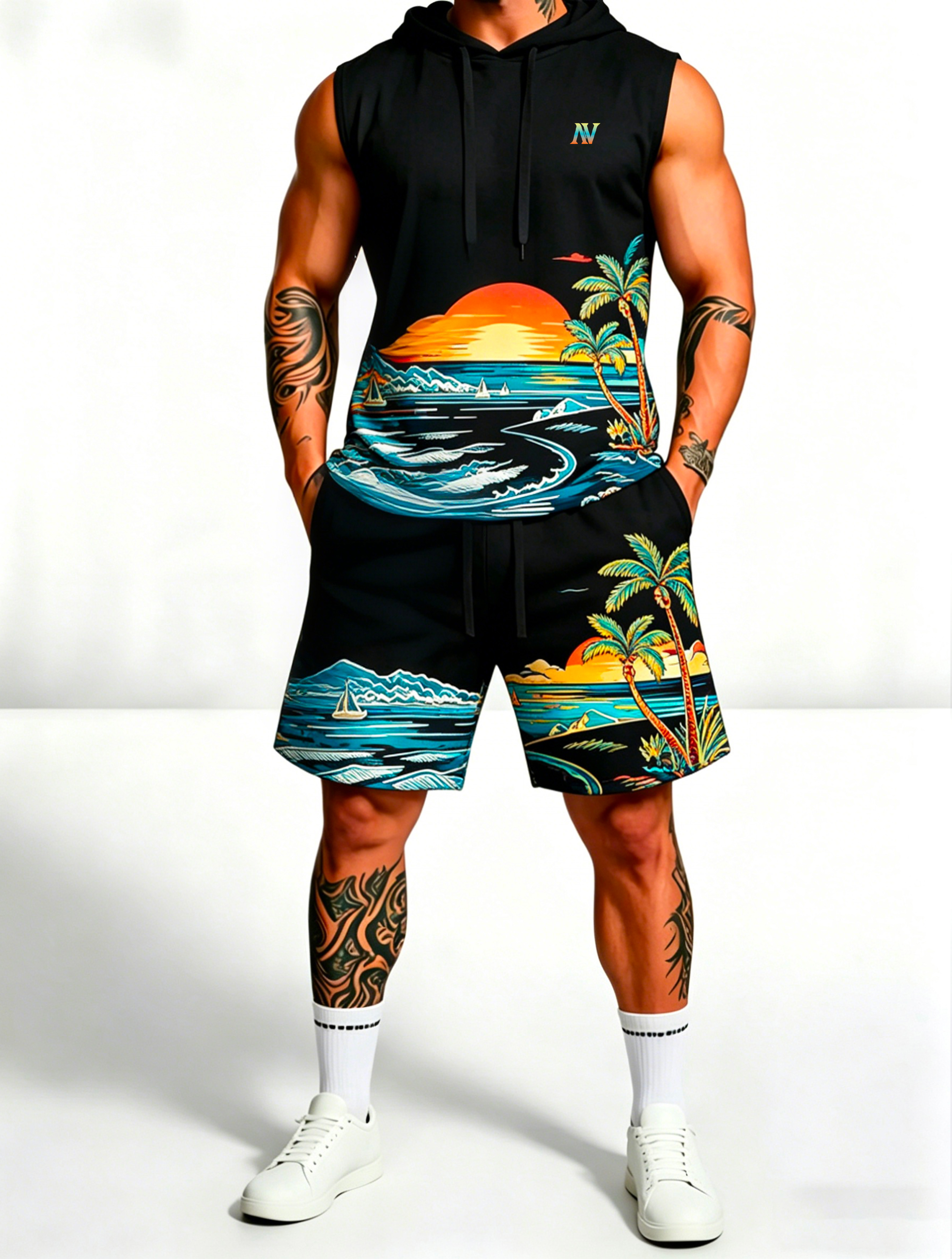 Sleeveless Hoodie & Shorts Set Luxury Brand Inspired Print Breathable Lightweight 2-Piece Outfit S-5XL