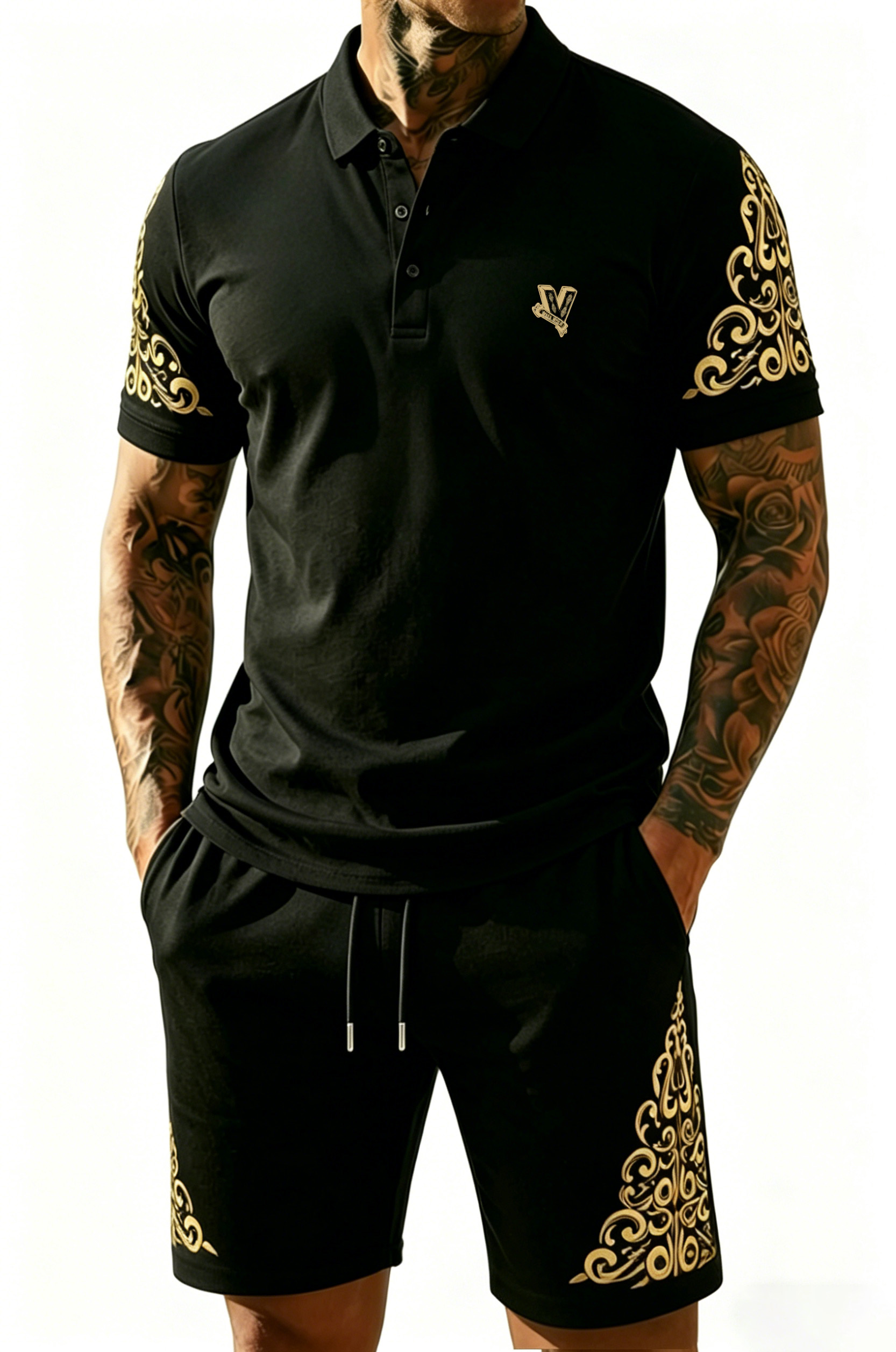 Collared Polo Shirt & Shorts Set — Luxury Brand-Inspired Printed Casual Sportswear, Plus Sizes S–5XL