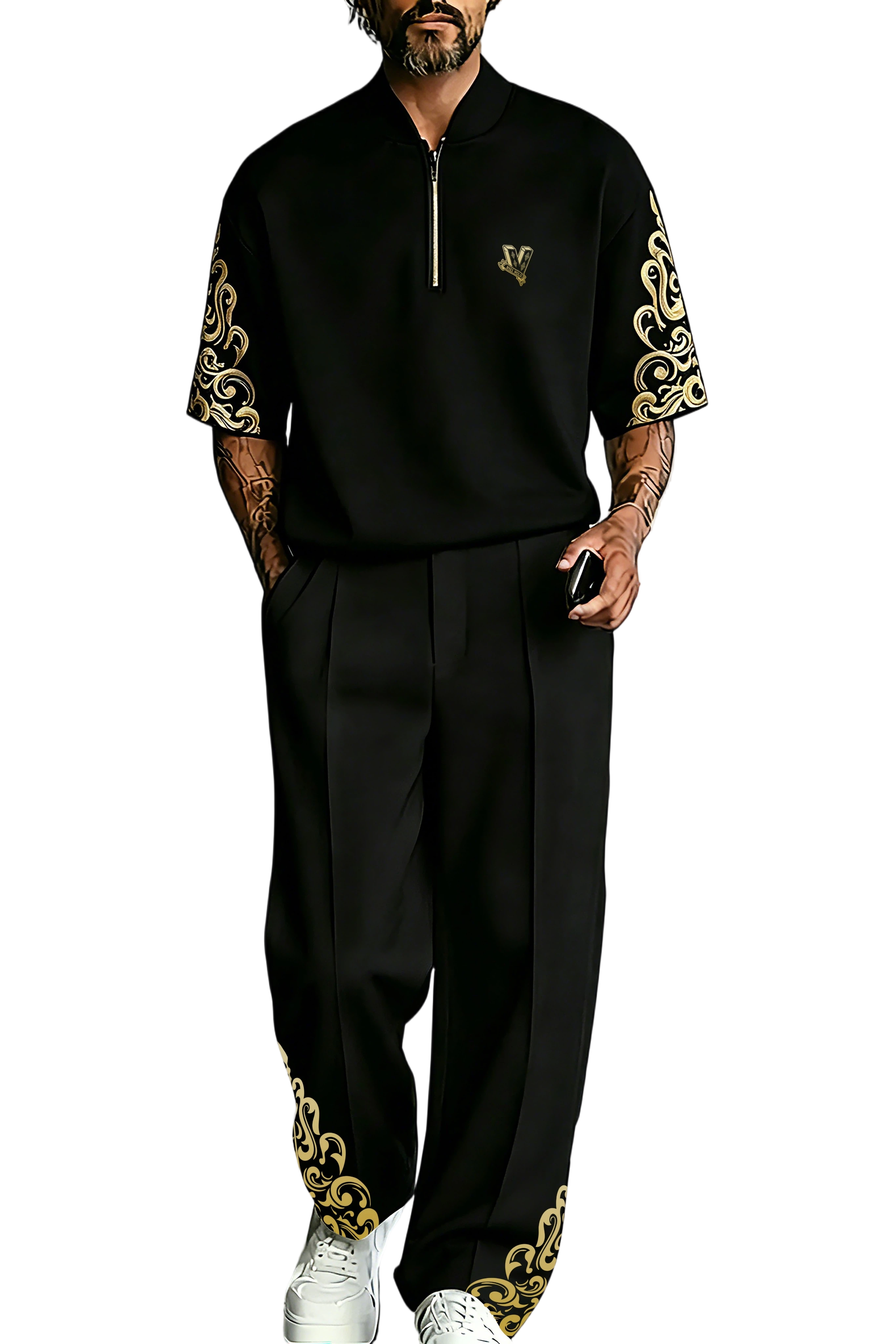 Zip-Up Stand Collar Polo Shirt & Trousers Set Luxury Brand Print Casual Outfit Plus Size S-5XL