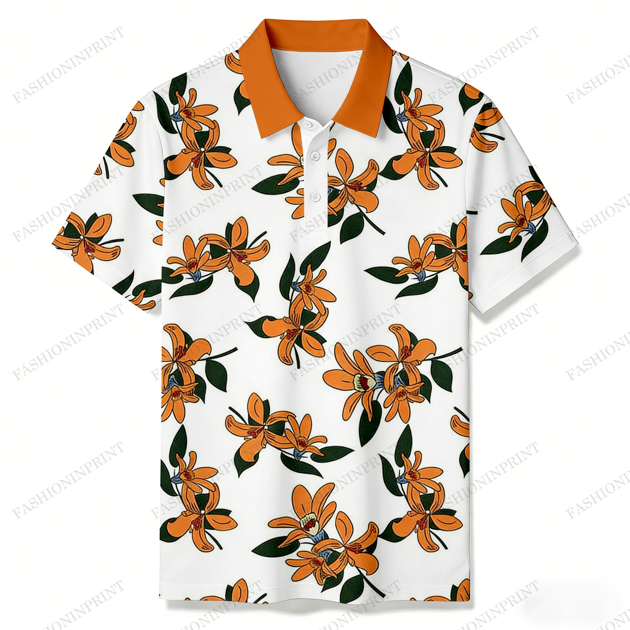 Men's Casual White & Orange Color Matching Floral Printed Short Sleeved Polo Shirt
