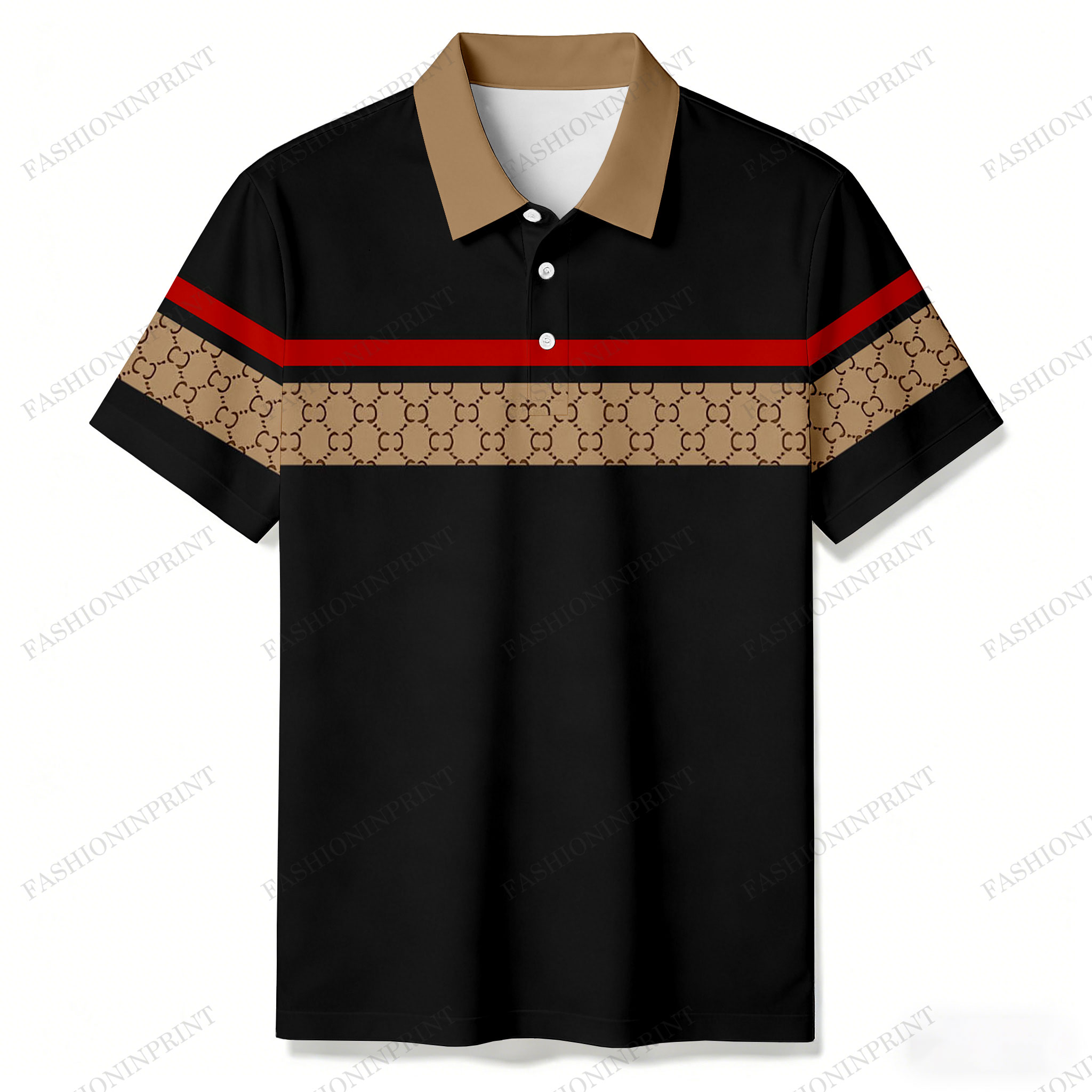 Men's Casual Black & Brown Color Matching Patchwork Striped Printed Short Sleeved Polo Shirt
