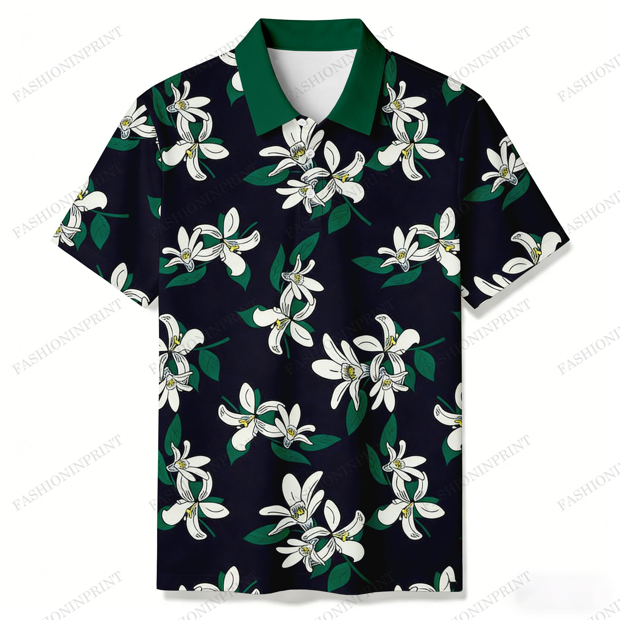 Men's Casual Navy Blue Color Matching Floral Printed Short Sleeved Polo Shirt