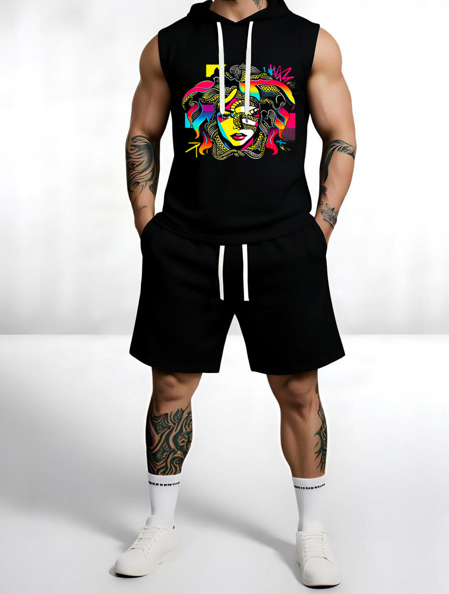 Men's Trendy Print Hoodie & Shorts Set