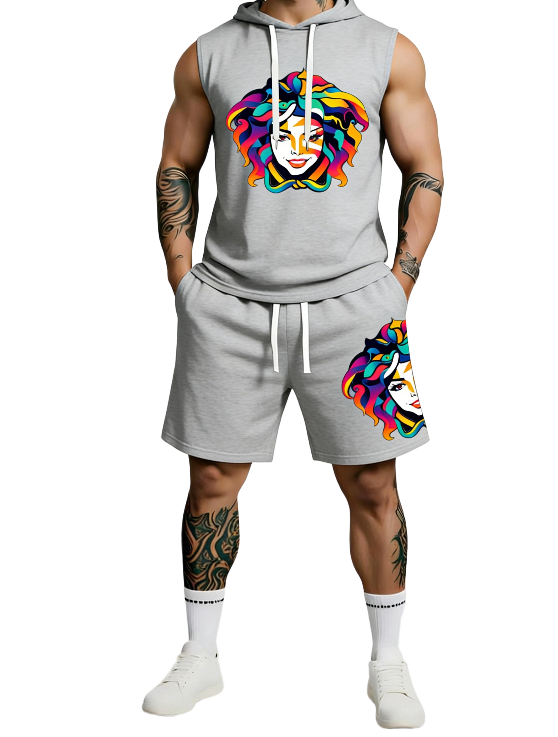 Men's Trendy Print Hoodie & Shorts Set