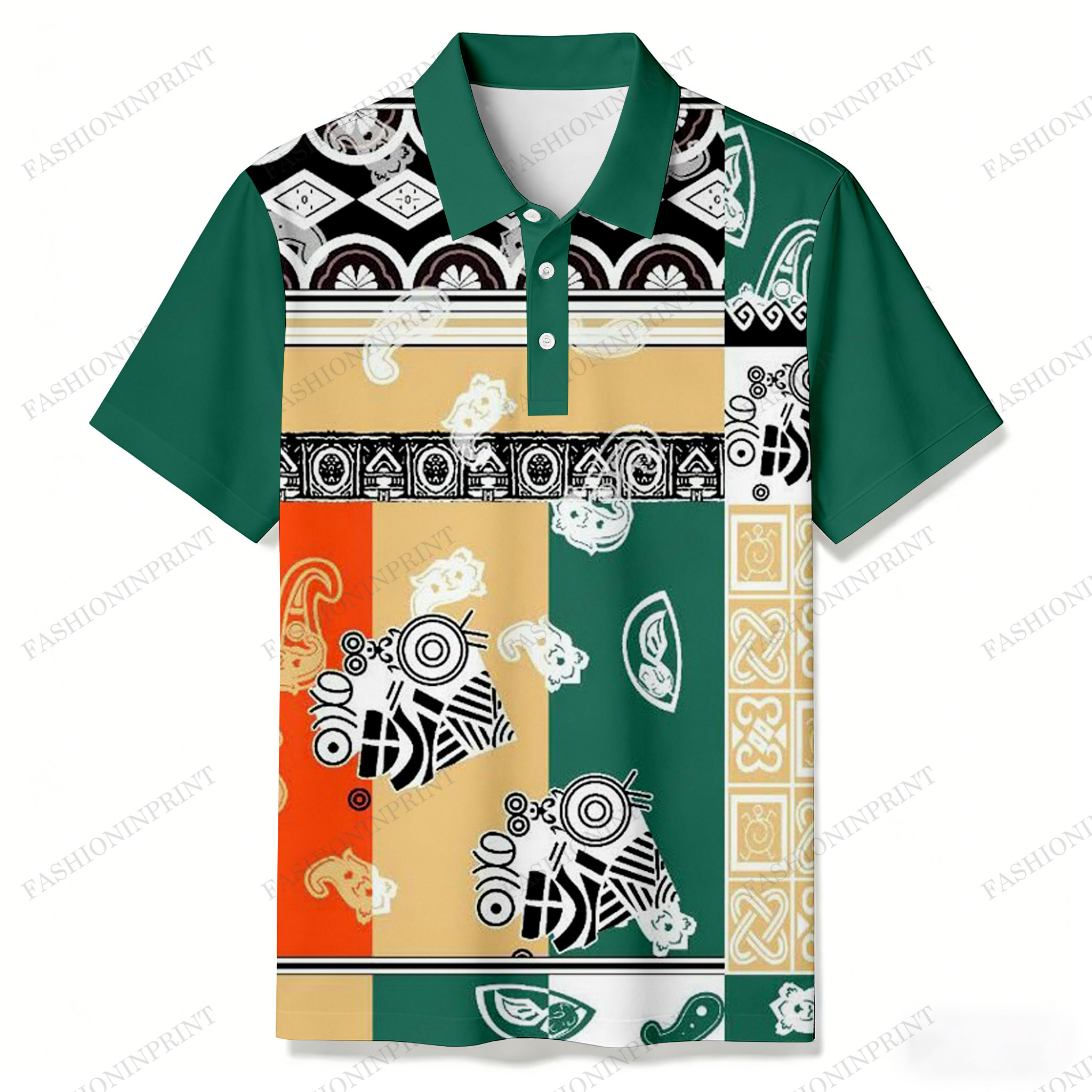 Men's Casual Green & Apricot Color Matching Patchwork Geometric Printed Short Sleeved Polo Shirt