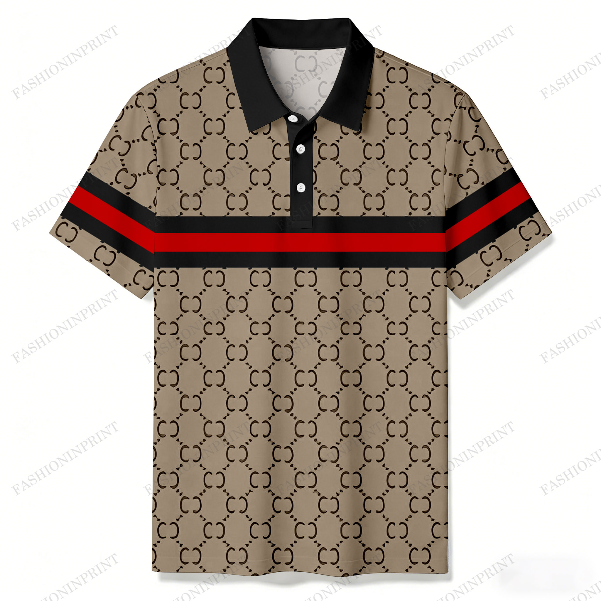 Men's Casual Black & Brown Color Matching Striped Printed Short Sleeved Polo Shirt