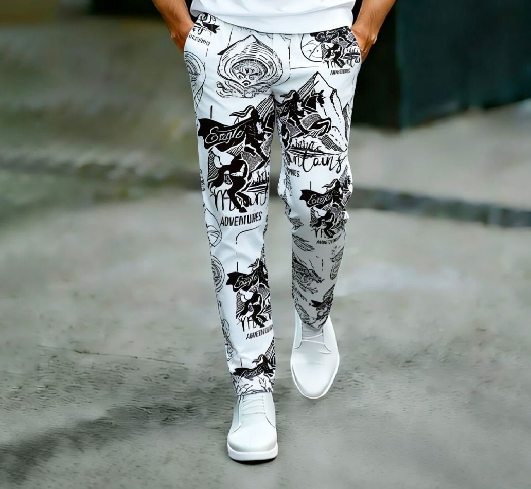 British Retro Print Cotton Set – Crew Neck T-Shirt & Long Pants Streetwear Outfit