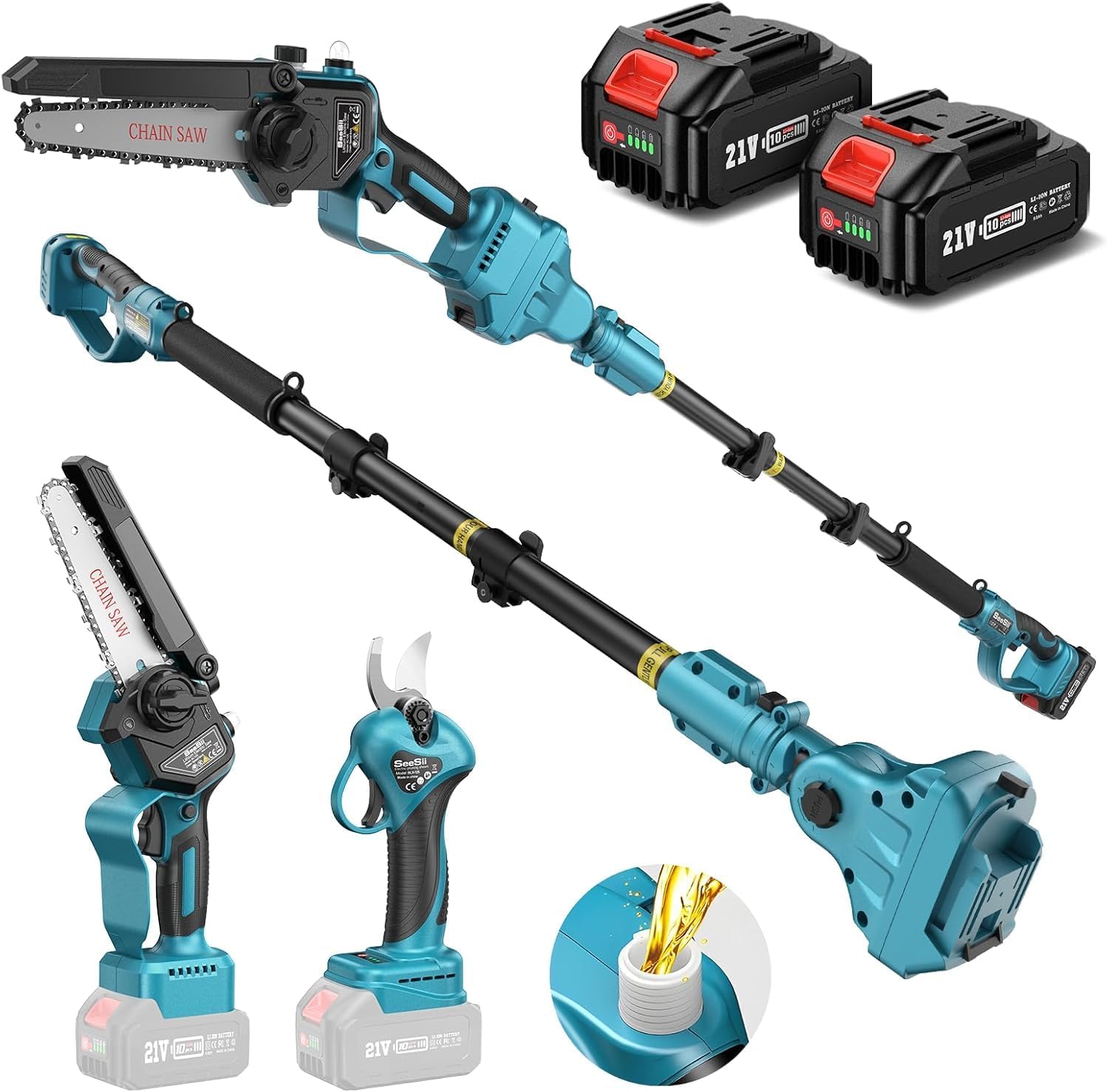 SEESII P6 Combo 6 Zoll Mini Kettensäge mit Teleskopstange  und  33 mm Elektro Ga – Automatisch