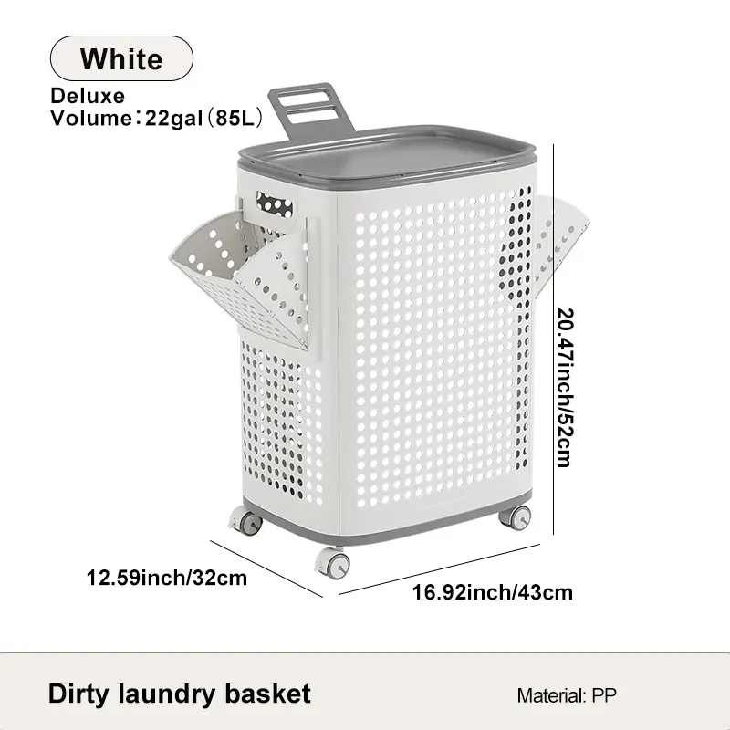  Laundry Basket with Wheels, White & Gray, Ventilated & Odor-Resistant, Portable Rolling Storage with Lid, Size Details in SKU Images, Assembly Guide in Main Image & Description
