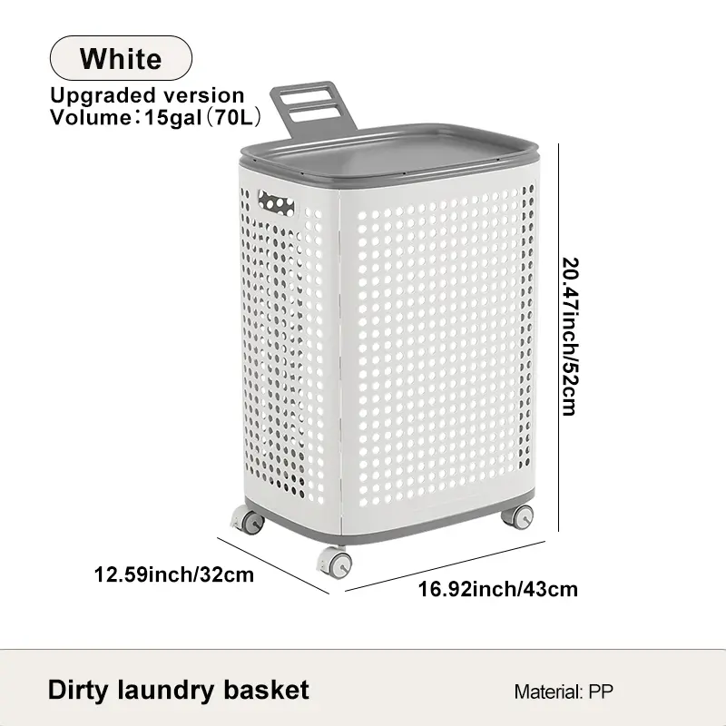  Laundry Basket with Wheels, White & Gray, Ventilated & Odor-Resistant, Portable Rolling Storage with Lid, Size Details in SKU Images, Assembly Guide in Main Image & Description