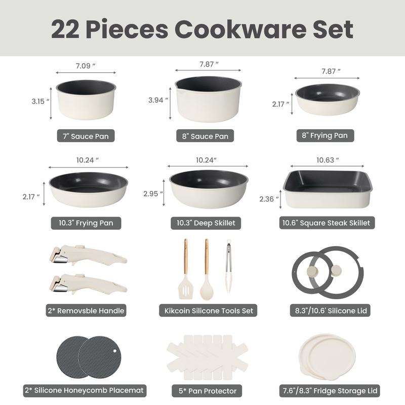 EricCherry Non-Toxic Multifunctional Non-Stick 22pcs pots and pans set,complete Cookware Set with Lids Detachable Handle,PFASFree,RV cook,Healthy,milk pan,Outdoor Compatible Stackable,Nonstick Induction,Easy Care,Kitchen,Mother’s Day gift