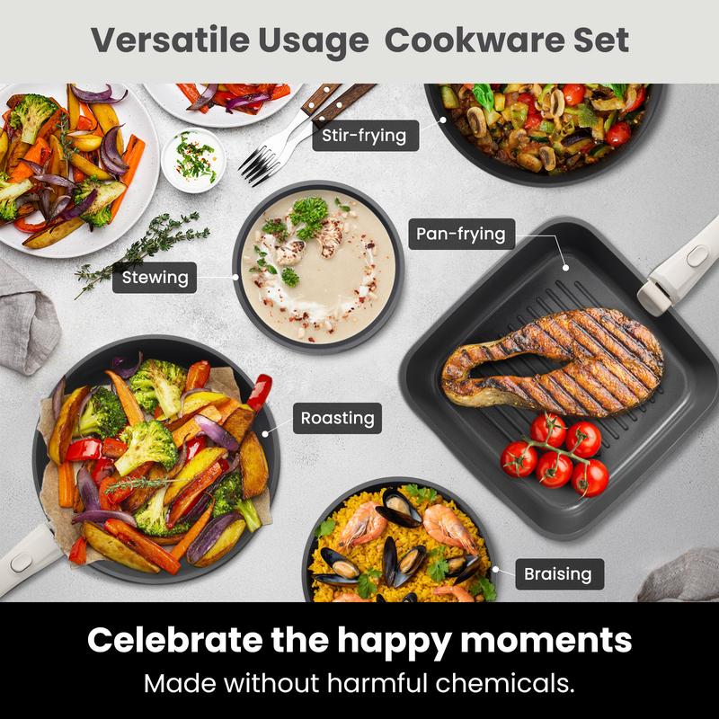 EricCherry Non-Toxic Multifunctional Non-Stick 22pcs pots and pans set,complete Cookware Set with Lids Detachable Handle,PFASFree,RV cook,Healthy,milk pan,Outdoor Compatible Stackable,Nonstick Induction,Easy Care,Kitchen,Mother’s Day gift