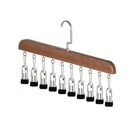 Legging Hanger for Closet Organizer with 10 Clips ,2 Pack Wooden Yoga Pants Hanger Holds 20 Leggings, Space Saving Hanging Closet Organizer w/Rubber Coated Closet Organizers and Storage,Clothes Hanger with Clips for Bra,Belt,Sock,Hat Hanging Organization