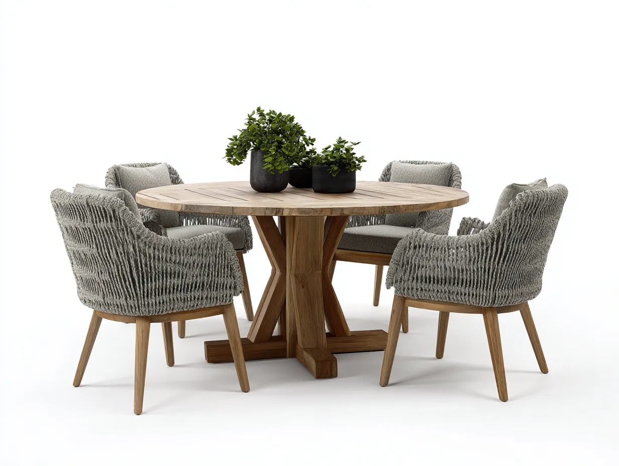 Set da pranzo da esterno-legno-corda sintetica-tessuto-130x130x75 cm-Naturale-Grigio-design moderno-Cozyuphut