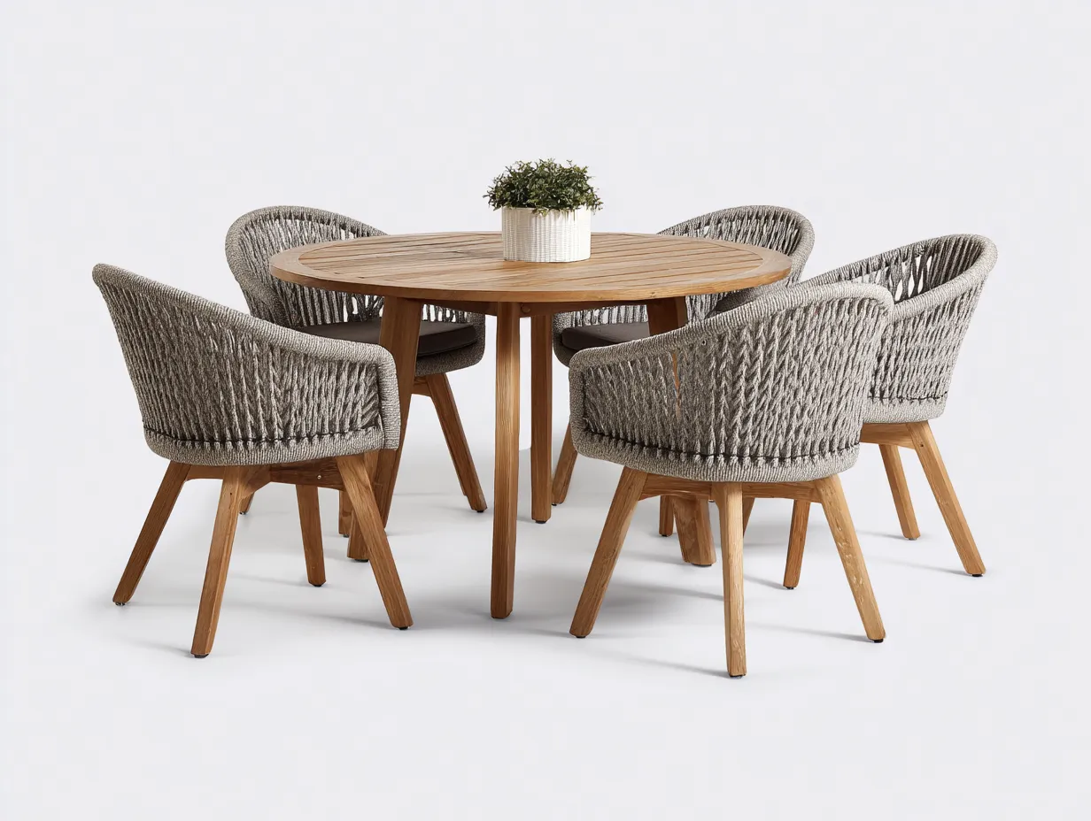 Set da pranzo da esterno-legno-corda sintetica-130x130x76 cm-Grigio-Naturale-design contemporaneo-Cozyuphut