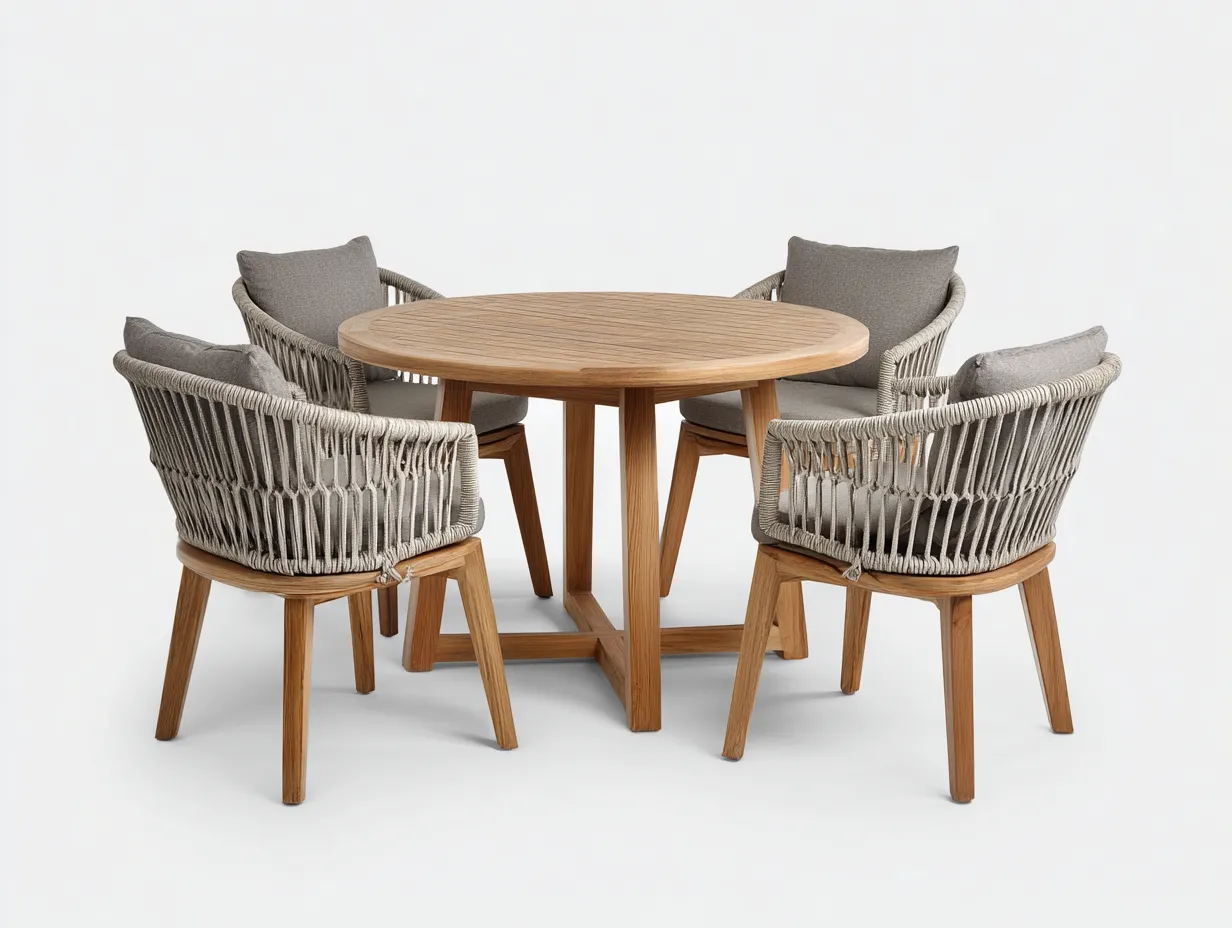 Set da pranzo da esterno-legno-corda sintetica-120x120x75 cm-Naturale-Beige-design moderno-Cozyuphut