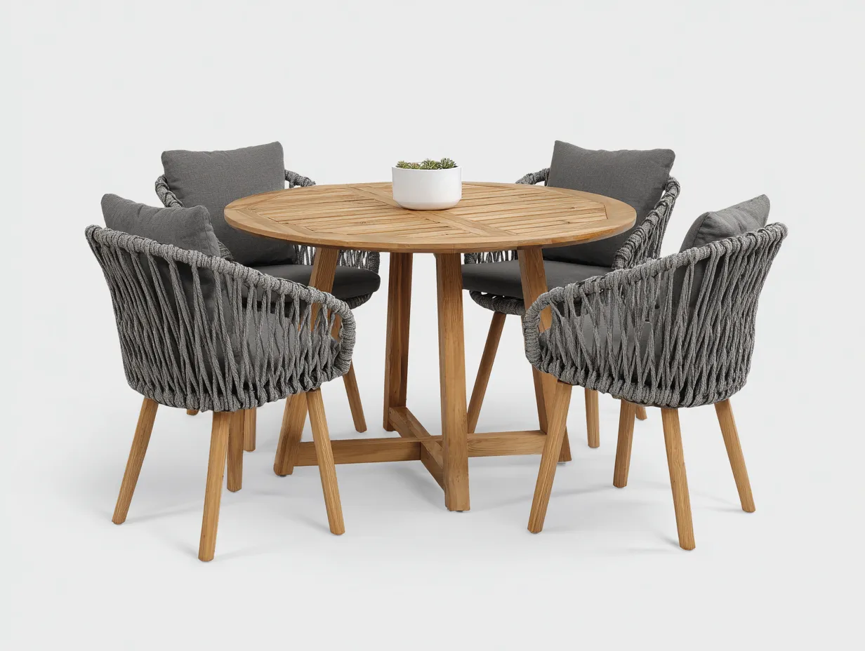 Set da pranzo da esterno-legno-corda sintetica-120x120x75 cm-Grigio-Naturale-design moderno-Cozyuphut