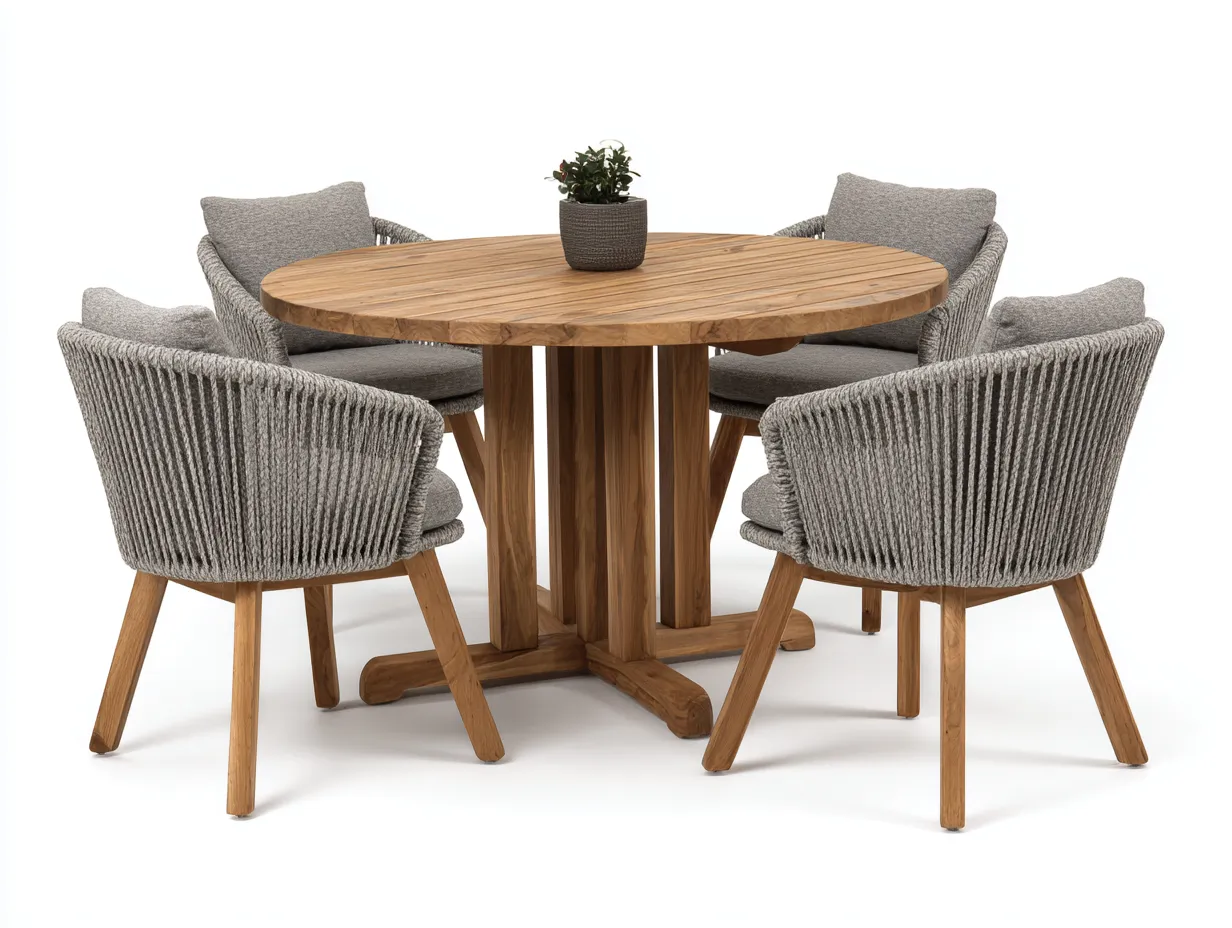 Set da pranzo da esterno-legno-corda sintetica-tessuto-130x130x75 cm-Naturale-Grigio-design moderno-Cozyuphut