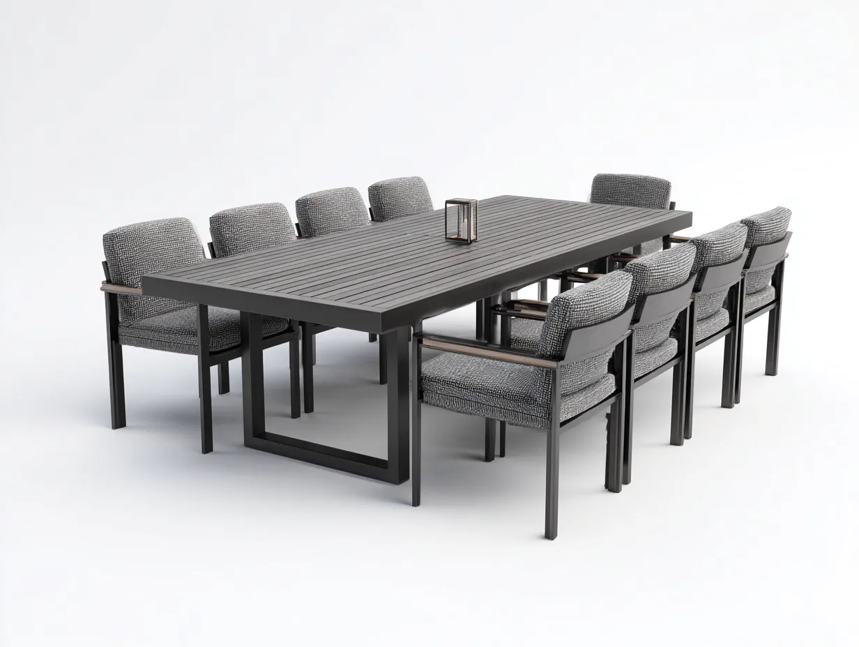 Set da pranzo da esterno-metallo-tessuto-260x100x75 cm-Nero-Grigio-design moderno-Cozyuphut