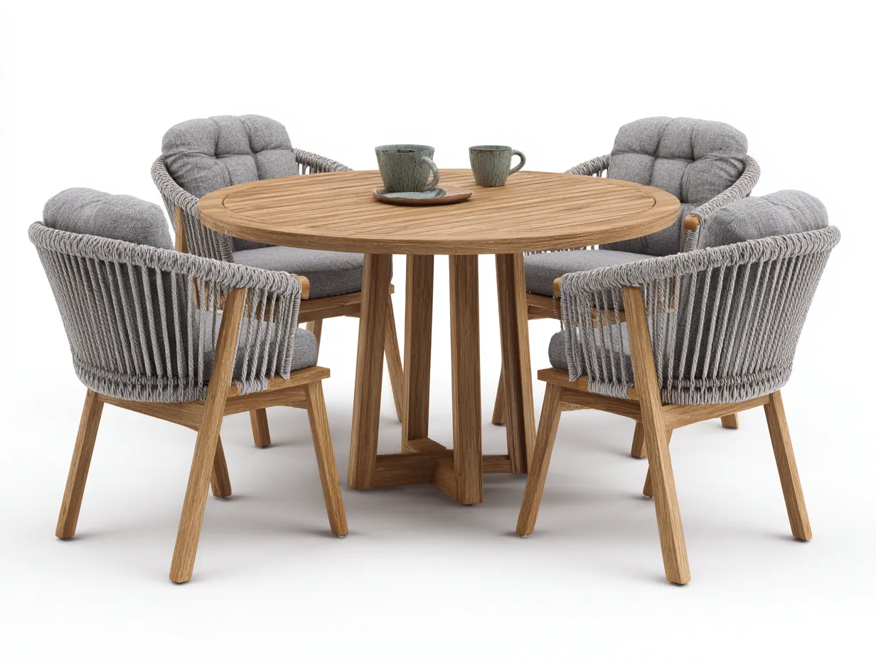 Set da pranzo da esterno-legno-corda sintetica-tessuto-120x120x75 cm-Naturale-Grigio-design moderno-Cozyuphut