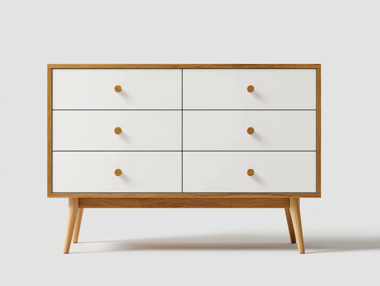 Kommode mit Schubladen-Holz-MDF-120x42x75 cm-Weiß-Eiche-Skandinavischer Stil-Cottahut