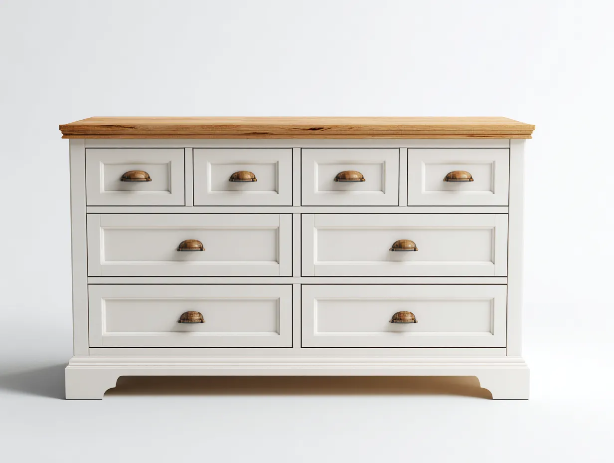 Kommode mit Schubladen-Holz-MDF-132x44x82 cm-Weiß-Natur-Klassischer Landhausstil-Cottahut