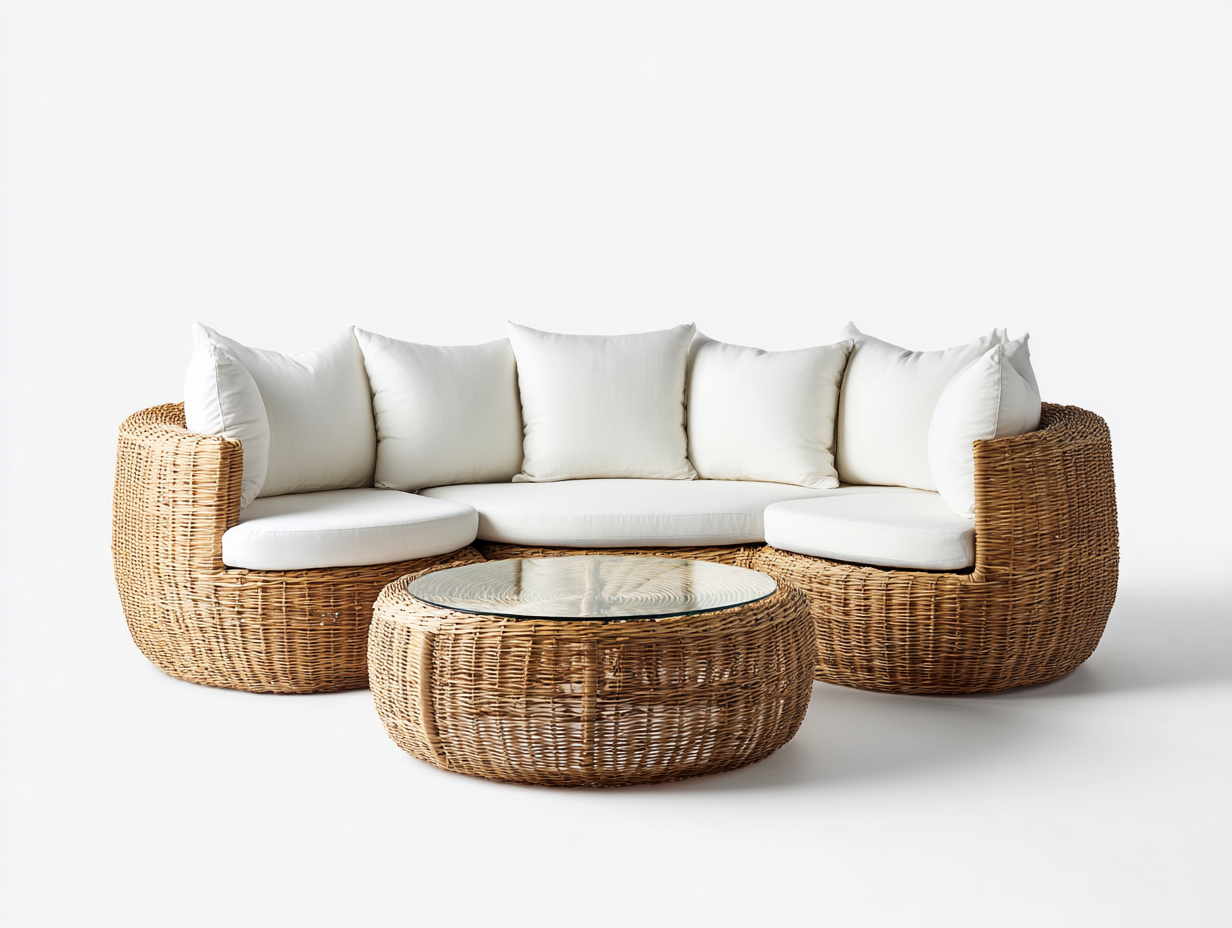 Divani da esterno - rattan-vetro-tessuto - 300x150x82 cm - naturale-bianco - stile naturale-Nestuply