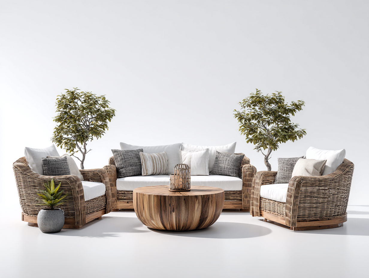 Divani da esterno - rattan-legno-tessuto - 200x90x80 cm - naturale-bianco - stile naturale-Nestuply