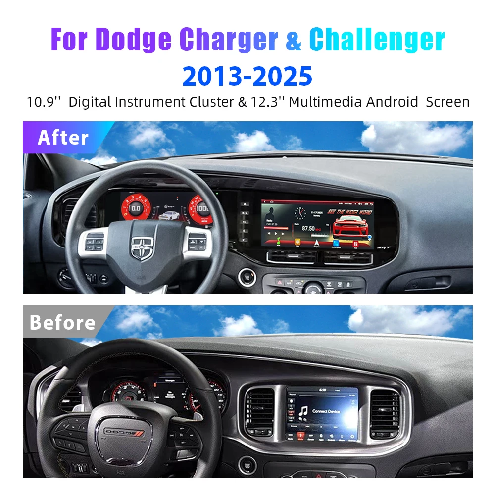 24'' Dual Screen Android Car DVD Player Digital Instrument Cluster for Dod-ge Challenger Hellcat & Charger 2013-2025 Dashboard
