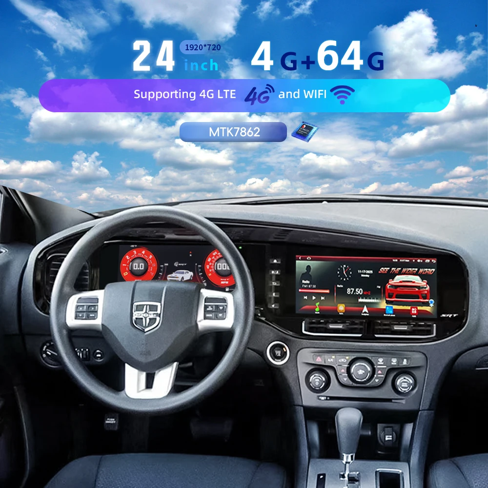 24'' Dual Screen Android Car DVD Player Digital Instrument Cluster for Dod-ge Challenger Hellcat & Charger 2013-2025 Dashboard