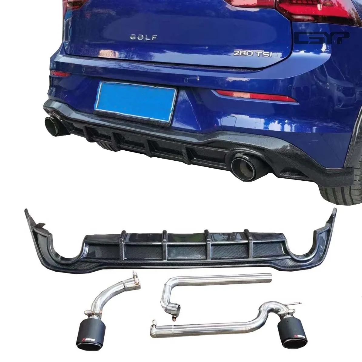 For 2020 2023 Volkswagen Golf8 MK8 CS Style Carbon Fiber Rear Bumper Diffuser with Exhaust Pipe GTI8 Auto Racing