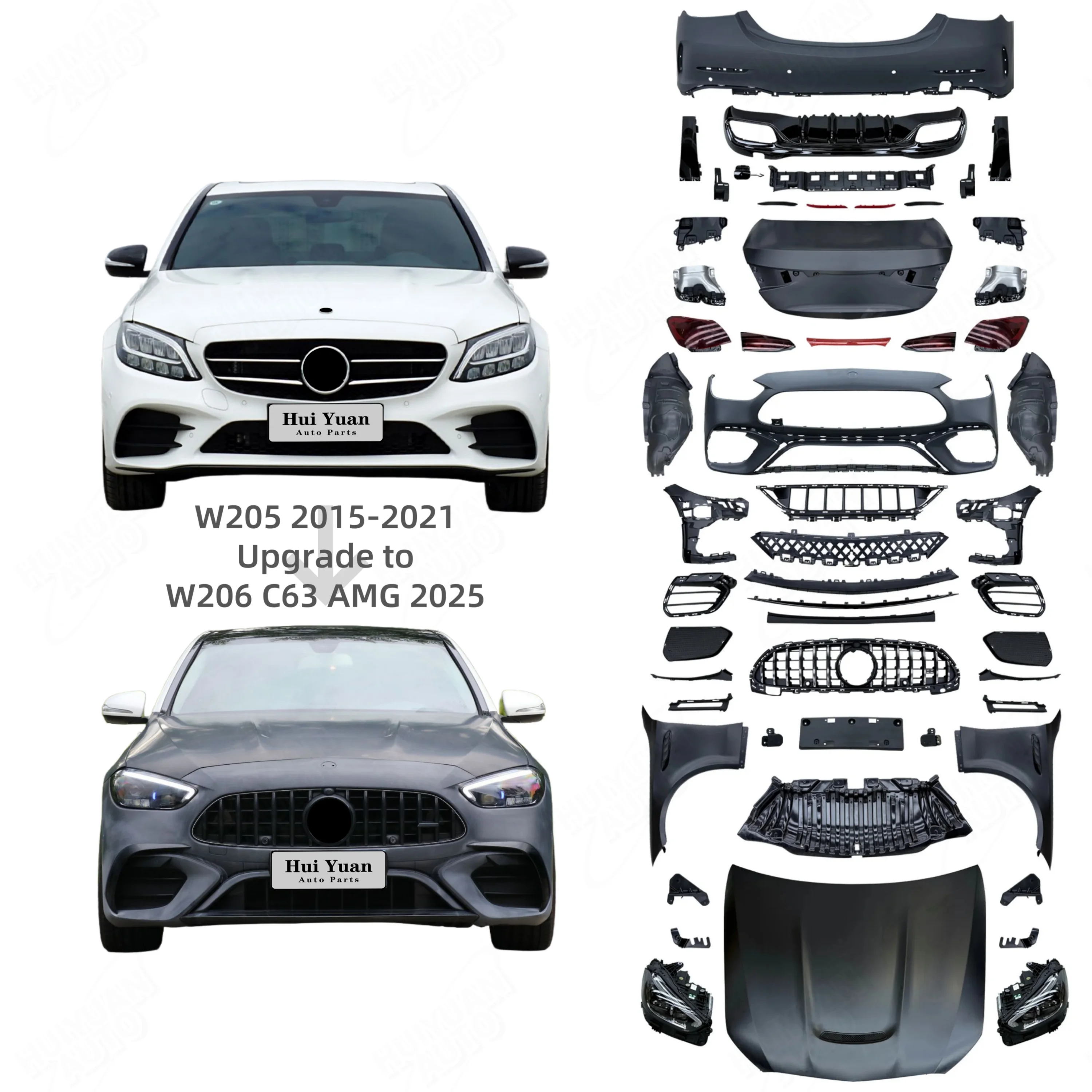 Auto Modification Conversion Old to New Body Kit for Mercedes-Benz C-Class W205 2015-2021 Upgrade to 2025 W206 C63 AMG Assembly