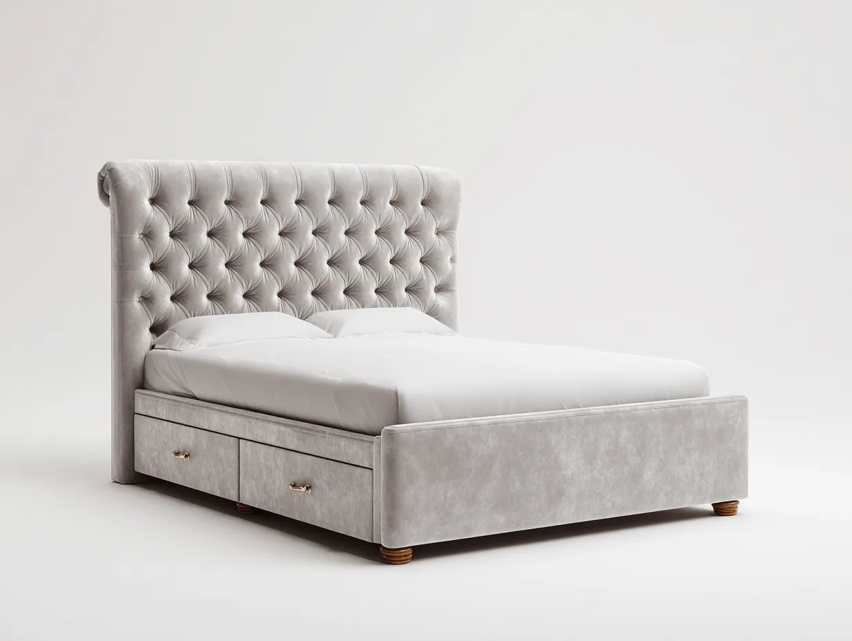 Lit double - revêtement en tissu capitonné et structure en bois - 200x160x120 cm - gris clair - style classique-Casamyloft