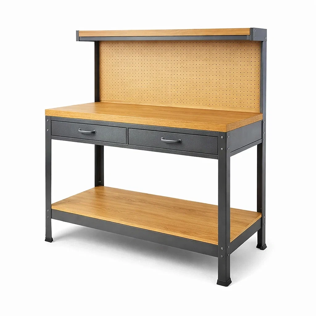 Banco da lavoro in legno e metallo con pannello forato-LUXEVIBEHUB