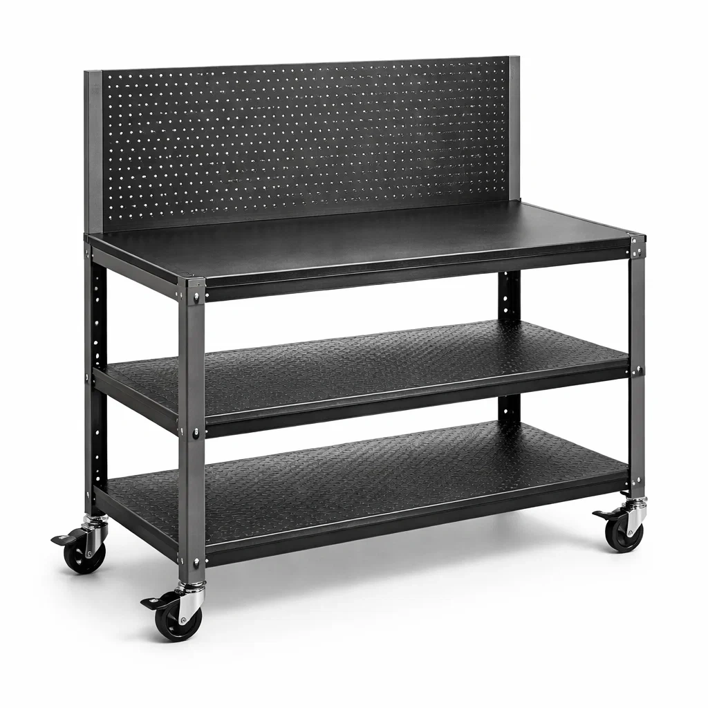 Banco da lavoro in metallo con ripiani e parete forata-LUXEVIBEHUB