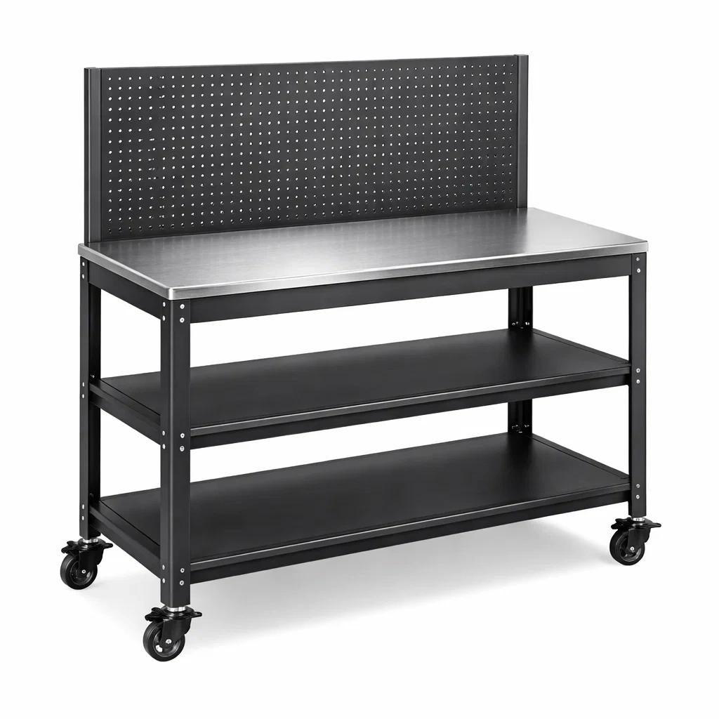 Banco da lavoro in acciaio inox con ruote e mensole 120x60x150 cm-LUXEVIBEHUB