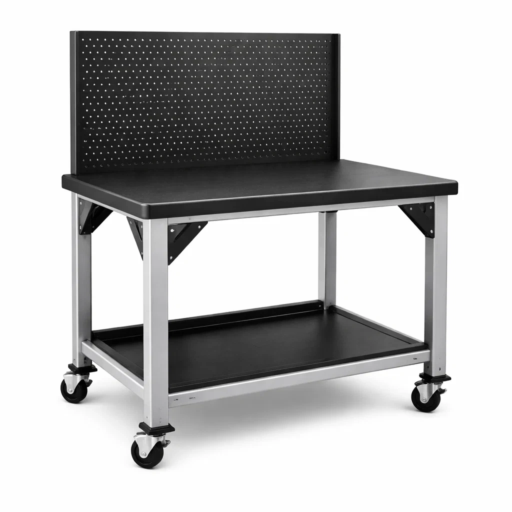 Banco da lavoro in acciaio inossidabile con ruote e pannello forato 120x60x140 cm nero-LUXEVIBEHUB