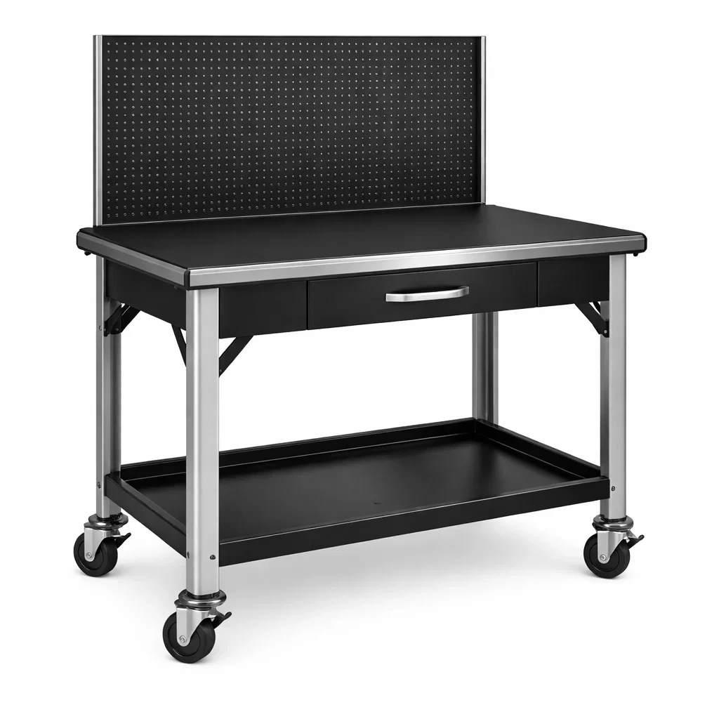 Banco da lavoro mobile con cassetto in acciaio e piano in MDF-LUXEVIBEHUB